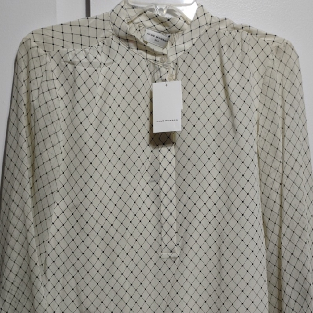 New Club Monaco Popover Silk Tunic Robe Ivory Grid Long Sleeve Tunic Top (BX32) - Picture 5 of 13